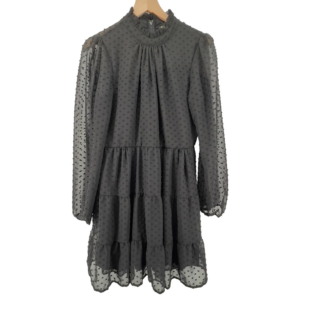 Altar'd State Mini Dress Swiss Dot Ruffle Mock Neck Long Sleeve Black Women XL‎